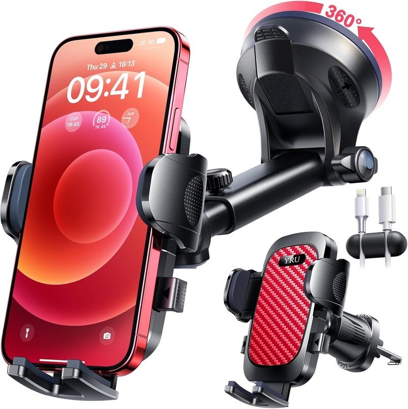 YRU True Military-Grade [360° Rotation Suction] 2026 Ultimate Car Phone Holder Mount 【90+LBS Safest Strongest & Patent Certs】 Dashboard Windshield Vent for iPhone 17 16 Pro Max Samsung, Red - Image 1